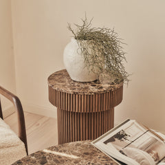 Sloane - Dark Emperador Marble Round Warm Wood Premium Side Table