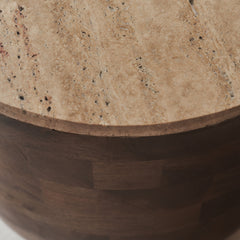 Lyra - Beige Travertine Round Warm Wood Premium Side Table