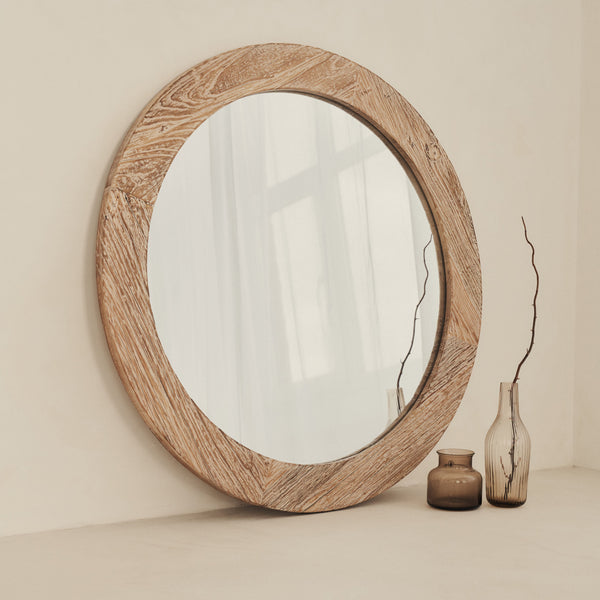 Elowyn - Large White Washed Elm Wood Round Organic Wall Mirror 100cm x 100cm