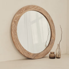 Elowyn - Large White Washed Elm Wood Round Organic Wall Mirror 100cm x 100cm