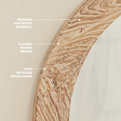 Elowyn - Large White Washed Elm Wood Round Organic Wall Mirror 100cm x 100cm